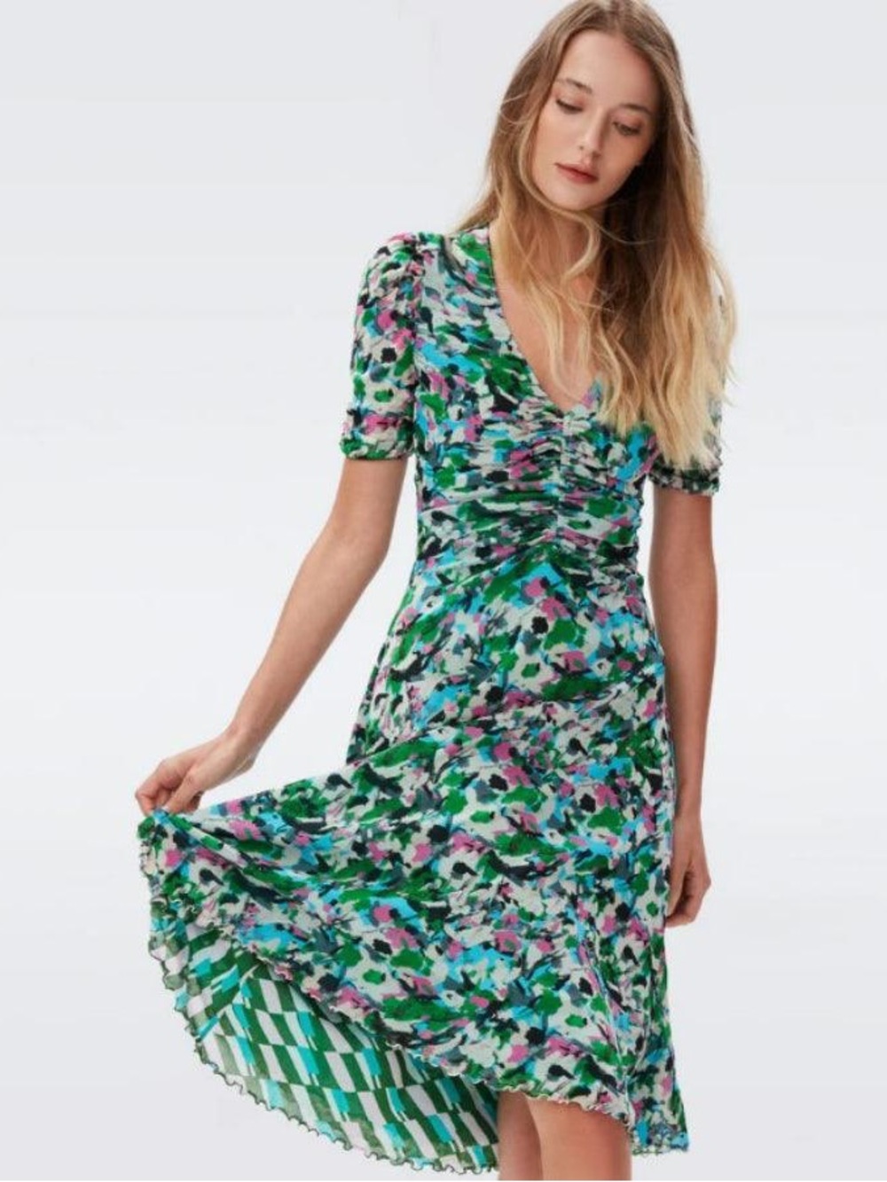 Diane Von Furstenberg Koren Reversible Green Floral Ruched V-Neck Midi Dress NWT